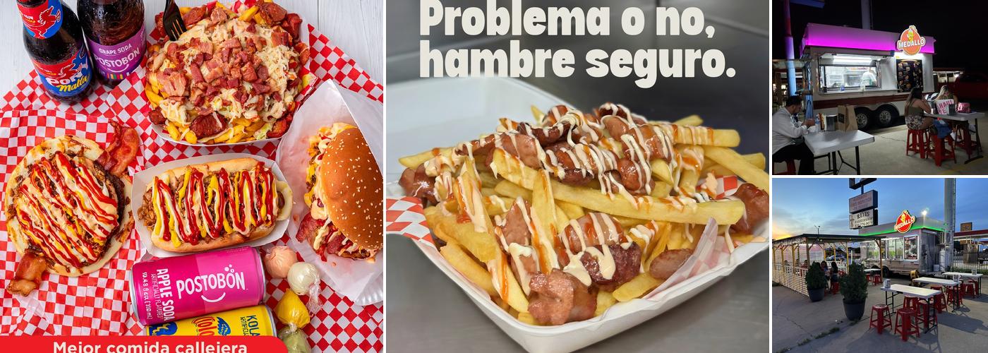 Medallo food truck menu spread with burgers, hot dogs, salchipapas, and Colombian soda